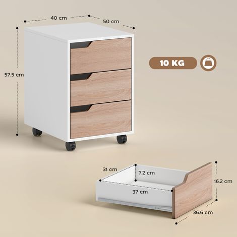 Commode en MDF (3 tiroirs, sur roulettes), idéale pour un bureau ou une pièce d'étude, finition blanche et bois, 40 x 50 x 57,5 cm (1/5)
