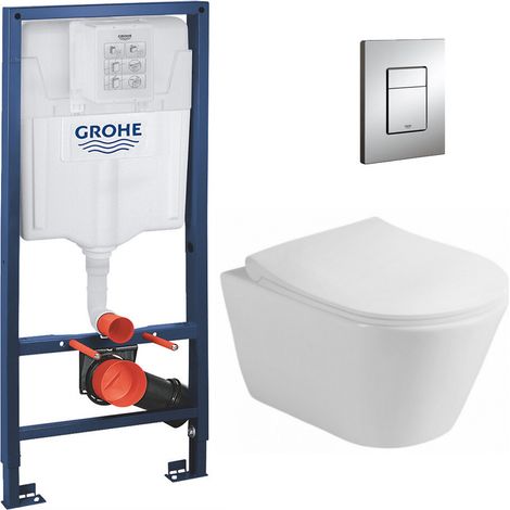 Grohe Pack WC Bâti-support Rapid SL + WC sans bride Lucco Avva + Abattant softclose + Plaque chrome (RapidSL-Avva-1)