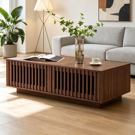 Modernluxe - Table basse rectangulaire 100 x 50 x 35 cm - 2 portes - Design ajouré - Panneaux de particules et MDF - Marron (1/5)