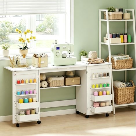Mesa de costura plegable 160x40x81,5 cm blanca con ruedas, ahorra espacio – MEUBLIV (1/5)