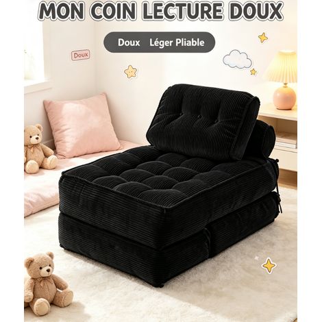 Fauteuil modulable tout doux velours noir 3 positions sans cadre rigide, canapé de sol kawaii multifonction pour chambre déco mignonne (1/5)