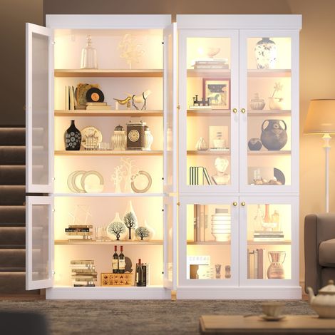 Vitrine haute double LED 160x40x180cm,portes vitrées,étagères effet bois,MDF et verre,blanc (1/5)