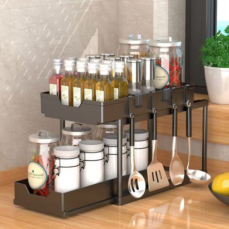 Étagère sous évier de rangement - Organiseur à 2 niveaux sous évier, tiroir de cuisine, étagère de rangement et d'organisation de cuisine (1/4)