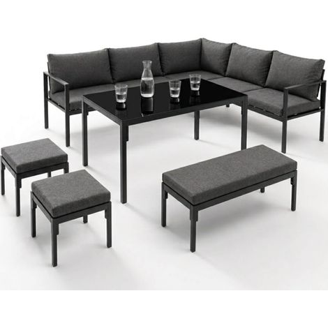 Salon de jardin repas NAYLA 8 places d'angle en métal et coussins gris avec table à manger, canapé d'angle, banquette, tabourets