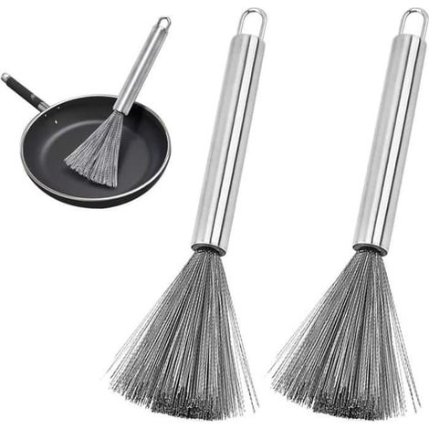 SABIR-Lot de 2 brosses à poêle en acier inoxydable, brosses pour wok, brosses de nettoyage pour wok, brosses pour poêles à frire (1/4)