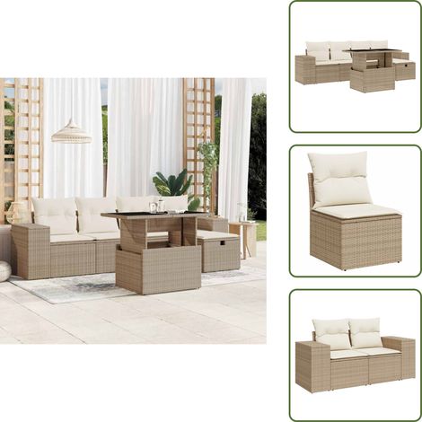 The Living Store Salon de jardin avec coussins 6 pcs beige résine tressée - Ensemble Salon De Jardin - Mobilier De Jardin - Table Extensible - Chaise Lounge - Set De Jardin (1/5)