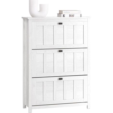 Sobuy – Meuble à chaussures FSR162W – Armoire avec 3 abattants – Dimensions L80 x P30 x H111 cm – MDF E1 vintage blanc pour entrée ou couloir (1/5)