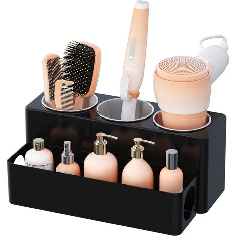 Porta asciugacapelli, porta piastra per capelli, porta spazzola per capelli, porta spazzolino da denti, organizer per bagno, organizer per trucco, organizer per toeletta, nero
