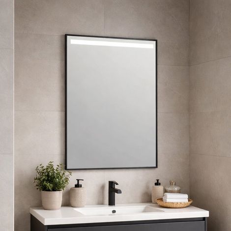 Espejo De Baño 50X70 Con Banda Retroiluminada Por Leds Marco Negro Mate