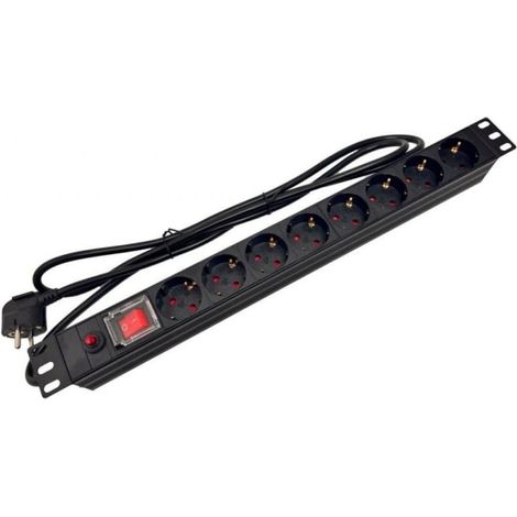19-Zoll-Rack-Stromverteilerleiste (PDU), 9 x CEE 7/3-Steckdosen, CEE 7/7-Stecker mit Schalter und Schutz