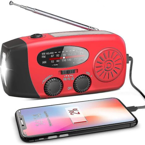 Récepteur radio d'urgence avec cellule solaire, manivelle, indicateur météo avec lampe torche LED, batterie externe pour recharger un téléphone portable. (1/2)