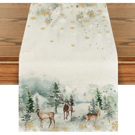 Runner da tavola natalizio con renne ad acquerello e alberi, 33x275 cm, lavabile, per l'inverno, ideale per cucina, sala da pranzo, interni ed esterni, soggiorno e vacanze. (1/5)