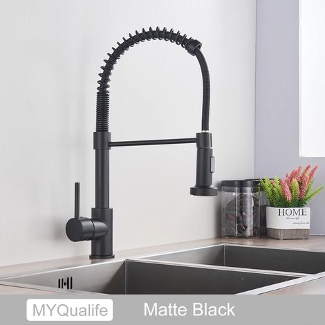 Robinet de cuisine (noir mat) à poignée unique et ressort, support suspendu pour salle de bain ou cuisine. (1/2)