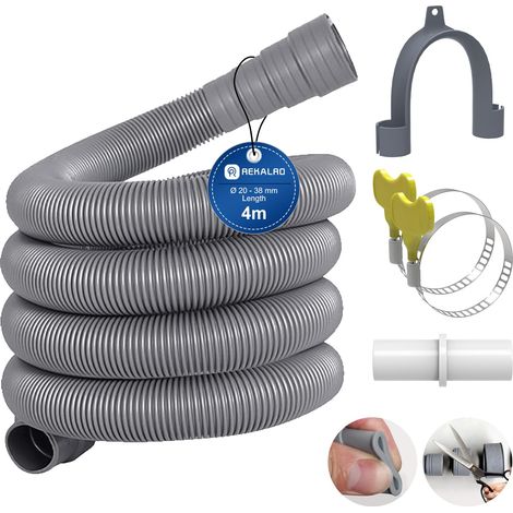Tuyau lave-linge 4m, tuyau d'évacuation des eaux usées avec raccord de tuyau de vidange et 2 colliers de serrage, rallonge de tuyau de vidange Ø 20mm pour lave-linge lave-vaisselle (1/5)