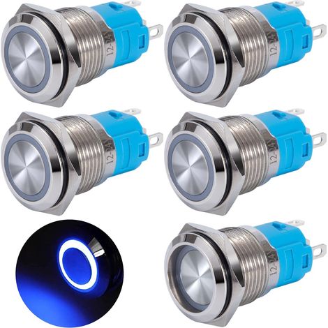 5 Interrupteur à bouton-poussoir, verrouillage 16mm, laiton chromé, LED bleue, étanche IP65, pour voiture, camion, bateau