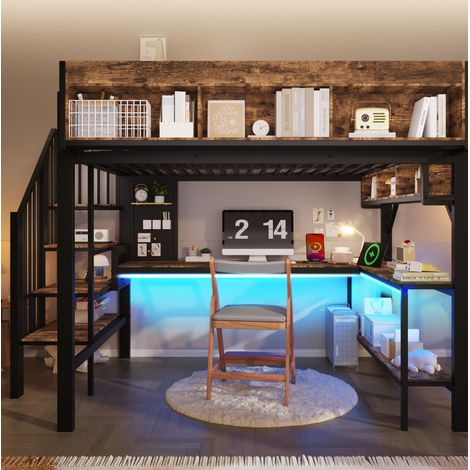 Cama alta vintage madera y metal negro/marrón 140x200 cm con escritorio esquinero, almacenaje, LED, USB y Type-C