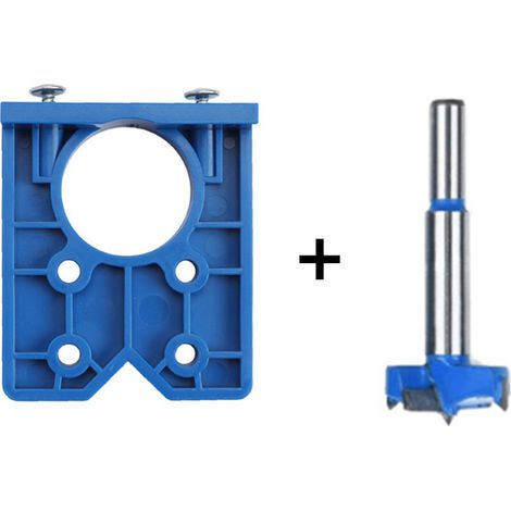 Outil de positionnement des trous de charnière (bleu) + foret bleu de 35 mm Gabarit de perçage pour charnières de 35 mm, outil auxiliaire de perçage pour le travail du bois, gabarit de perçage pour ch (1/5)