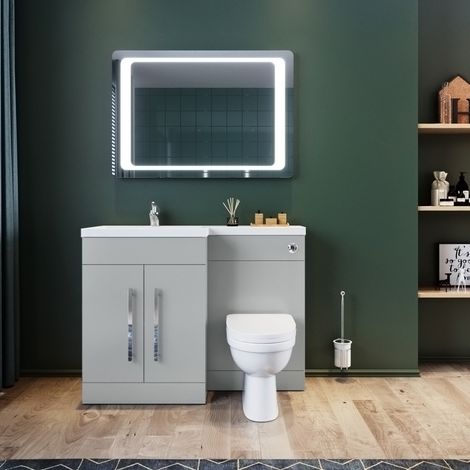 ELEGANT L Shape Bathroom Vanity Sink Unit 1100mm Furniture Storage Matte Grey Vanity Unit with Concealed Cistern + Basin with Ceramic D shaped Toilet Left Hand