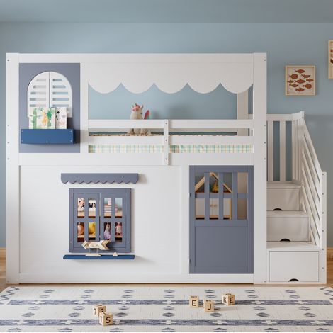 Lit mezzanine enfant 90x200 cm cabane avec escalier de rangement, portes et fenêtres ouvrantes, bois blanc et bleu (1/5)