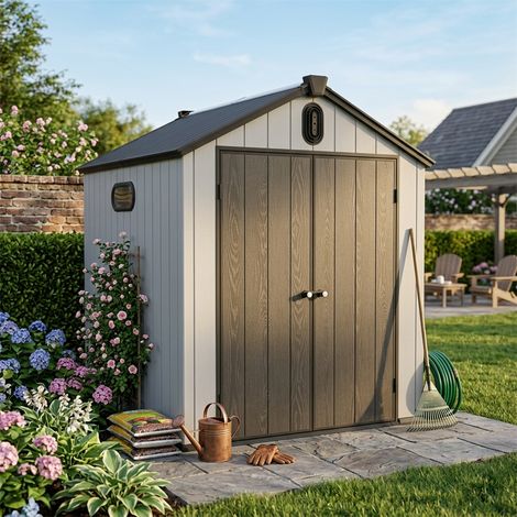 Abri de Jardin en Résine - 187x240x221cm - Cabane à Outils Extérieure Grande Capacité avec Toit Pointu - Gris et Blanc (1/5)