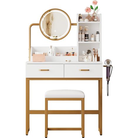 Coiffeuse 80x40x138,5cm, avec éclairage LED, miroir pivotant, prise de courant, tabouret inclus (1/5)