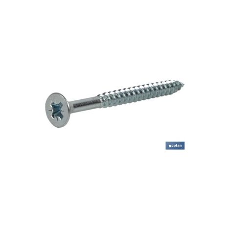 COFAN din-7505a pz m-3,5 x 30 z caja 1000 unid. , Tornillo zincado rosca madera para aglomerado DIN-7505A. Cabeza avellanada con mortaja pozidrive. Disponible en diferentes medid