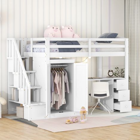 Letto a soppalco 90x200 cm, con armadio, scrivania, scala, 3 cassetti, armadio integrato, rete a doghe in pino, ringhiera di sicurezza, letto per bambini - Bianco