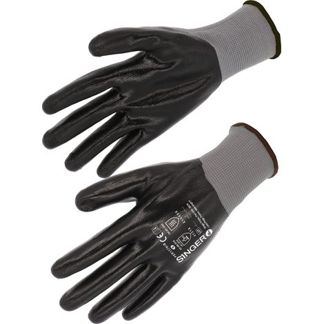 Gants de Travail Nitrile Antiderapants Singer Safety PER137NB - Support Polyamide Tricote - Dexterite - Norme EN 388 - T10 (1/2)