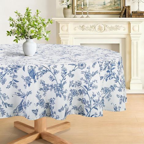 Nappe ronde 180 cm Design Rétro Fleurs & Oiseaux, Bleu-Blanc, Facile d'entretien