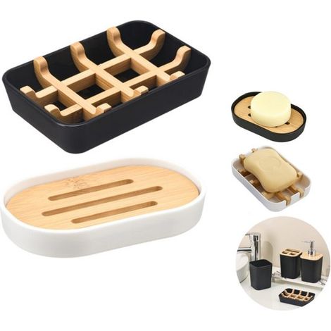 Juego de 2 jaboneras, Jaboneras de bambú, Incluye bandeja antigoteo, Diseño autodrenante, Aptas para duchas, baños, cocinas, bañeras y lavabos (1/5)