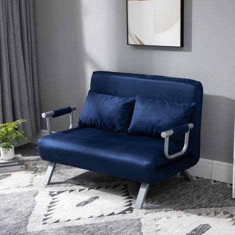 Divano letto 2 posti con schienale regolabile, rivestimento effetto velluto blu (1/5)
