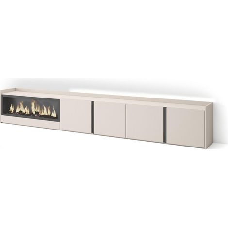 Skraut Home - Meuble TV, Banc Télé, Grand espace de Rangement, 315x35x50cm, Pour les TV jusqu'à 80", Cheminée électrique XXL, LED, Style moderne, Beige (1/5)