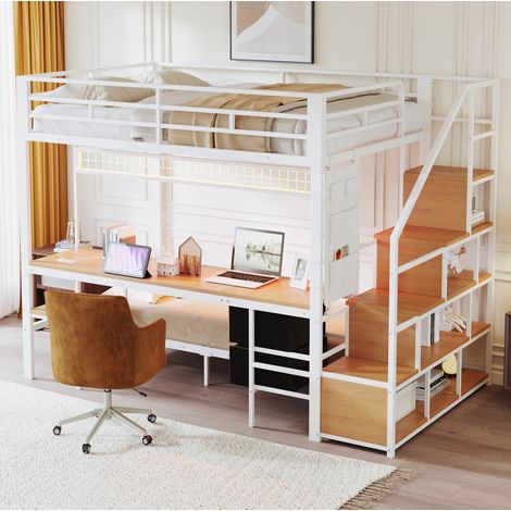 lit adulte lit mezzanine bureau 140x200 90x200 blanc OKMYHOME
