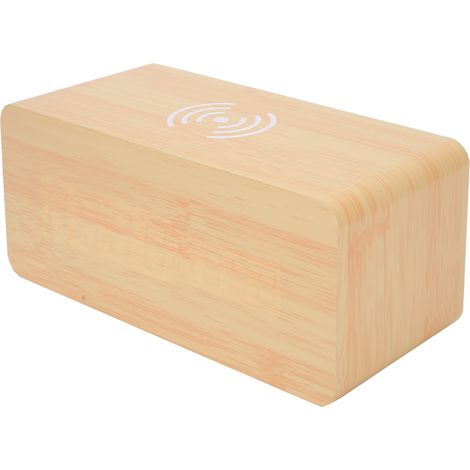 Réveil de chevet, chargeur sans fil, réveil LED en bois, à commande vocale, chargeur de téléphone multifonctionnel, éclairage vert en bambou et bois (1/5)