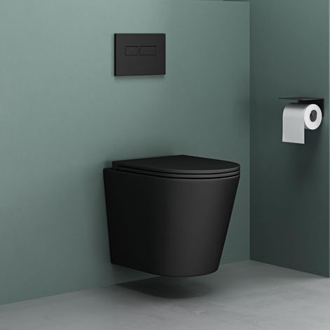 Mai & Mai Hänge-WC Wand-WC Aachen108 Schwarz Matt aus Keramik Spülrandloses-WC Wandmontage inkl. Softclose Sitz