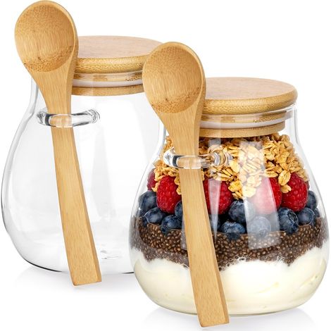 Tarro para yogur y postre con tapa y cuchara de bambú, 440 ml, 2 unidades. (1/5)