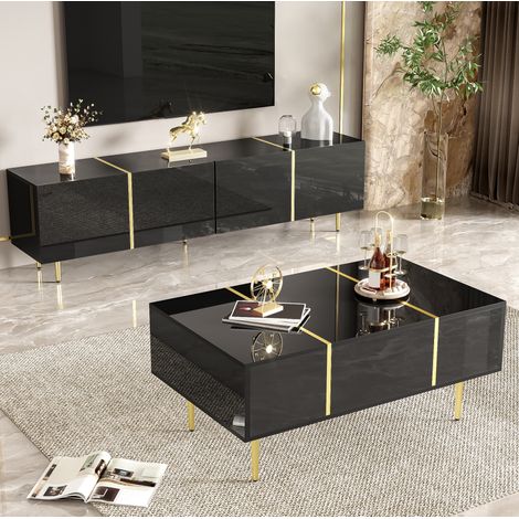 Meuble rangement salon noir 170 cm table brillant set HAVRYA (1/5)