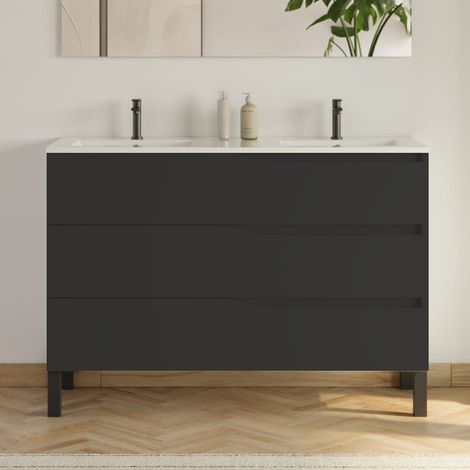 Meuble sous vasque seul, 3 tiroirs, 120cm, pour double vasque - tabaco (chêne foncé) - MATA