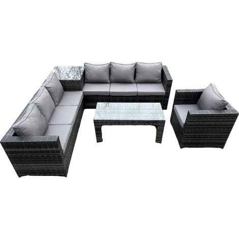 Fimous Housse de canapé d'angle en rotin pour 7 personnes avec table d'appoint carrée et fauteuil de table basse rectangulaire gris foncé mix (1/5)