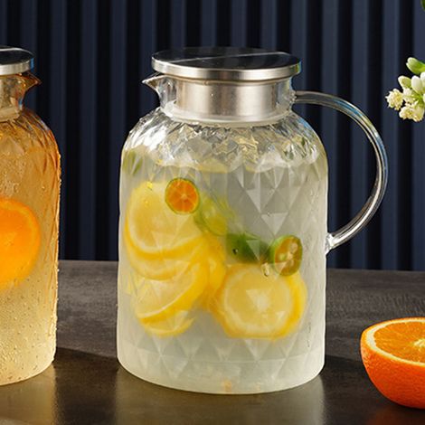Pichet à eau transparent avec couvercle et poignée, 1,8 L, en acrylique résistant à la chaleur, motif feuilles, idéal pour le thé glacé et les boissons à base de café. (1/5)