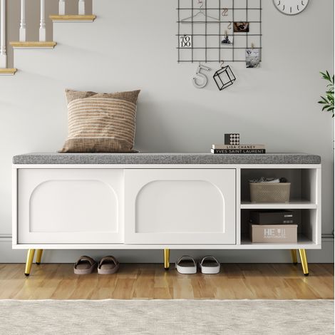 Panca portascarpe con contenitore, seduta imbottita, bianco, 121 x 35 x 49 cm HAVRYA (1/5)
