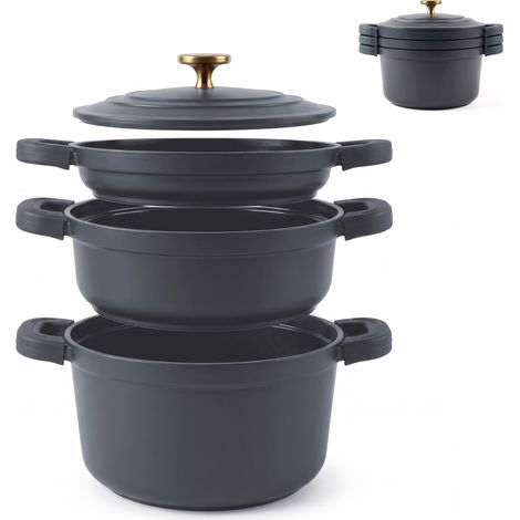 Briebe KB1208GRY Batería Cocina Inducción Apilable 4 Piezas Ø 22cm Antiadherente Cerámico sin PFOA Cacerolas Gris (1/5)