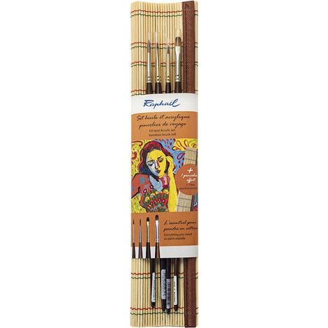 4 pinceaux - Aquarelle - Huile - Rond, plat, usé bombé - Raphaël - Avec pincelier en bambou