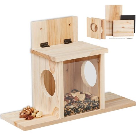 Relaxdays Eichhörnchen Futterhaus, Bausatz, Holz, 2 Eingänge & Sitzplattformen, zum Aufhängen, Eichhörnchenhaus, natur (1/5)
