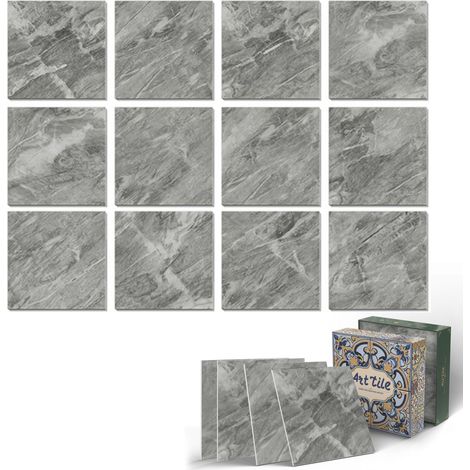Stickers muraux effet marbre – Autocollants cuisine salle de bain PE imperméables et brillantsGris 15x15 cm 12 pièces Gris Clair (1/5)