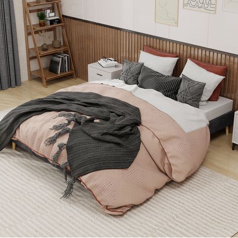 Cama tapizada de tela y metal gris 160x200 cm, con cabecero geométrico y somier de láminas (1/5)