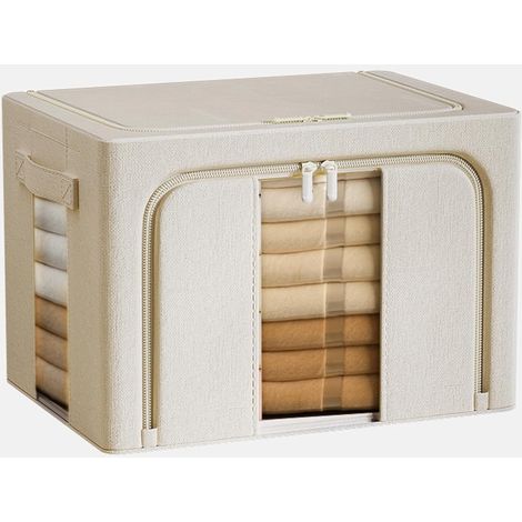 Hochwertiger Stoff aus 100 % natürlicher Baumwolle, 66 l, große Aufbewahrungsbox für Kleidung mit Reißverschluss, Aufbewahrungsbox für Bettwäsche, faltbare, stapelbare Aufbewahrungstasche, Beige (1/4)