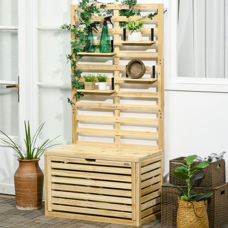 Gartenbank mit Rankgitter und 4 Holzablagen mit Magnetverschluss, 80 x 45 x 160 cm