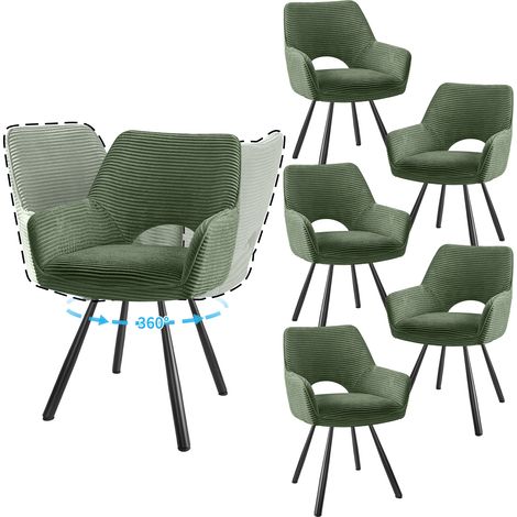 LEWE Lot de 6 Chaises de Salle à Manger 360° Pivotantes avec Accoudoirs, Rembourrées avec Dossier en Velours, Vert