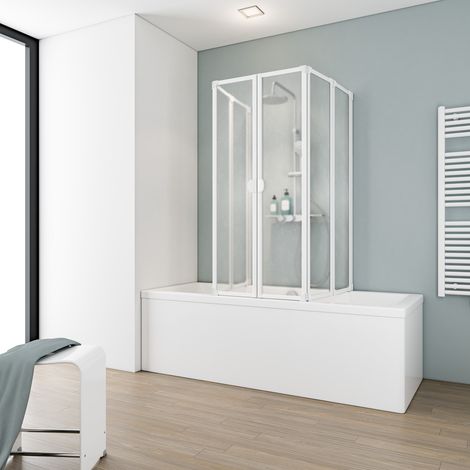 Schulte faltbare Duschabtrennung 6 teilig, U-Form - Breite: 2x 104 cm, Höhe: 140 cm, geeignet für Wannentiefe: 70-80 cm, Glas: Kunstglas Tropfen Dekor, Profil: Alpin Weiß (1/3)